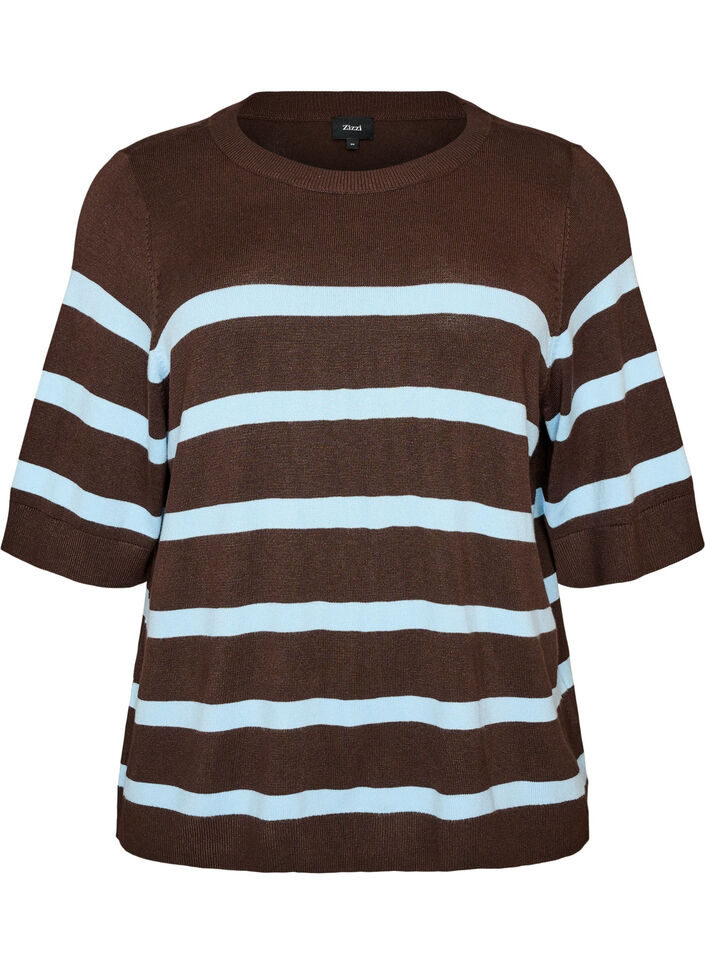 Gestreiftes Stricktop mit kurzen &Auml;rmeln, Braun, Packshot image number 0