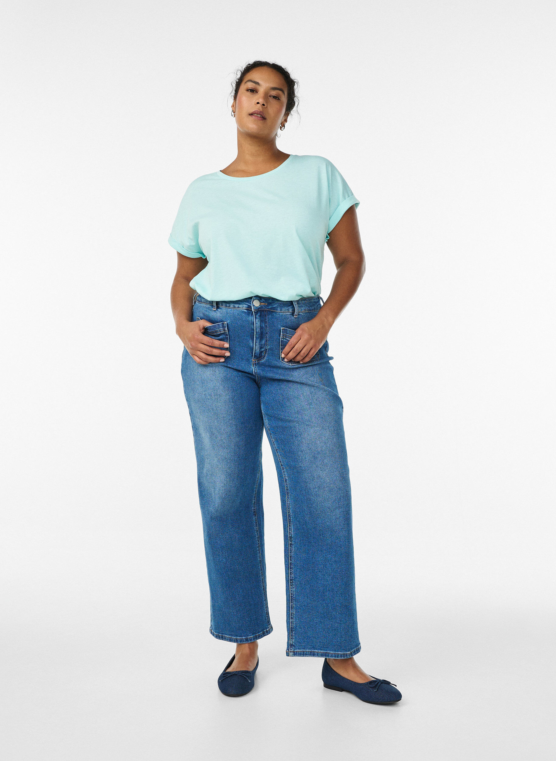 ZizziKurz&auml;rmeliges T-Shirt aus Baumwollmischgewebe, T&uuml;rkis, Model image number 1