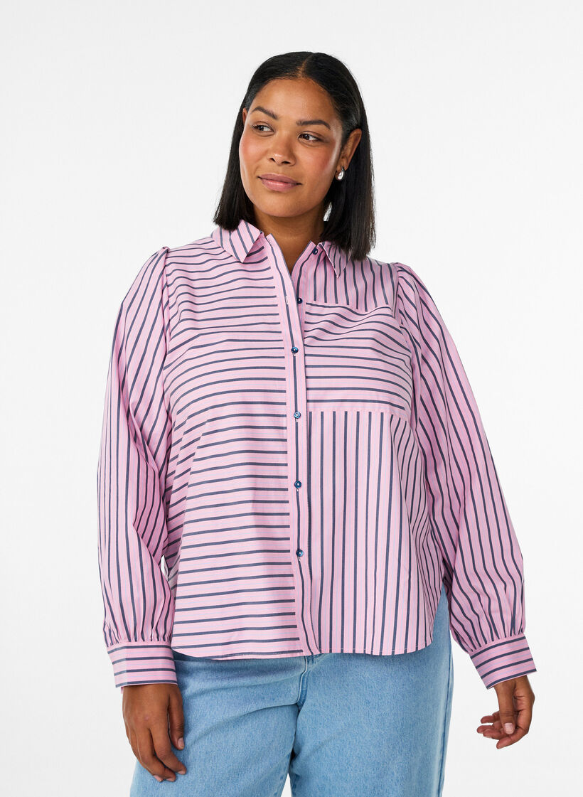 Gestreifte Hemd mit klassischem Kragen und langen &Auml;rmeln, Pink, Model image number 0