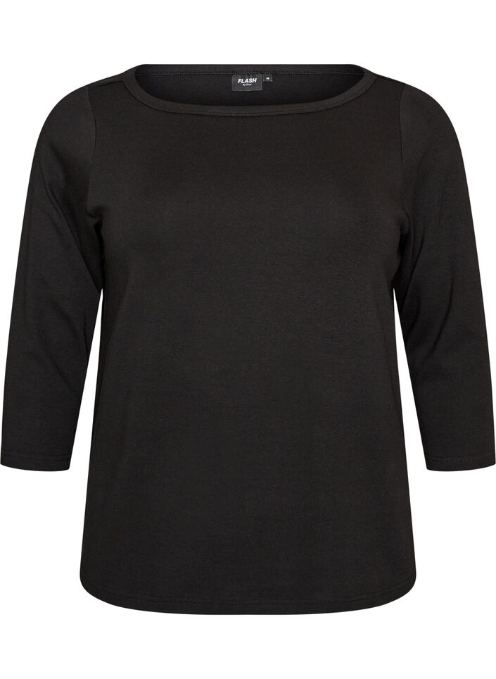 Basic-T-Shirt mit U-Boot-Ausschnitt und 3/4-&Auml;rmeln, Schwarz, Packshot image number 0