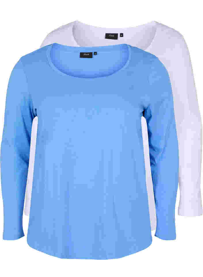 2er-Pack Basic-Bluse aus Baumwolle, Ultramarine/White, Packshot image number 0