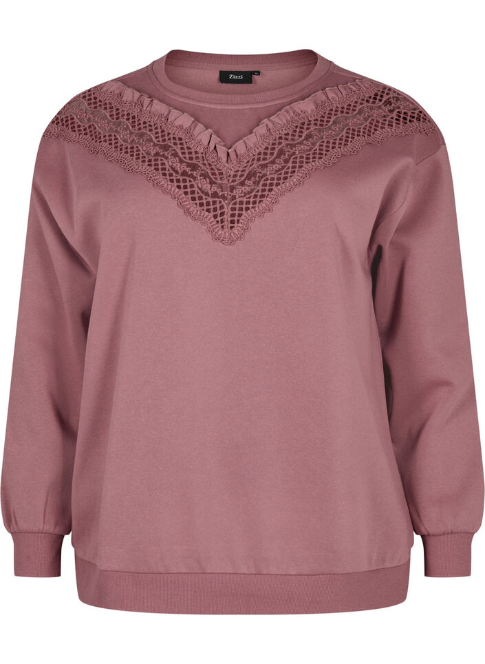 Sweatshirt mit Rüschen und Häkeldetail, Rose Brown, Packshot image number 0