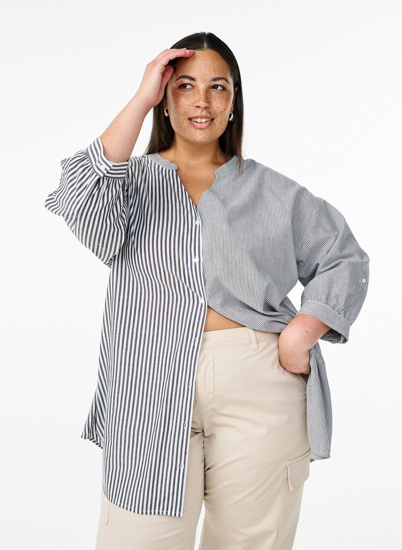 Gestreifte Tunika mit 3/4-Ärmeln, Schwarz, Model image number 0