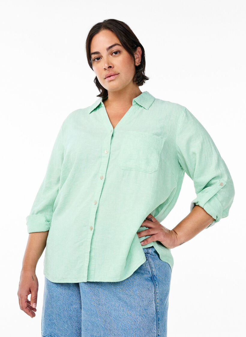 Bluse aus Leinen und Viskose mit 3/4-&Auml;rmeln, Gr&uuml;n, Model image number 0