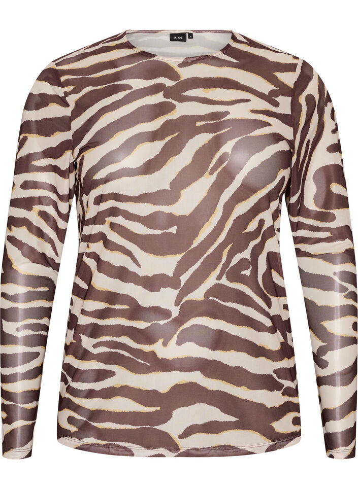 Bluse aus Mesh mit Print, Braun, Packshot image number 0