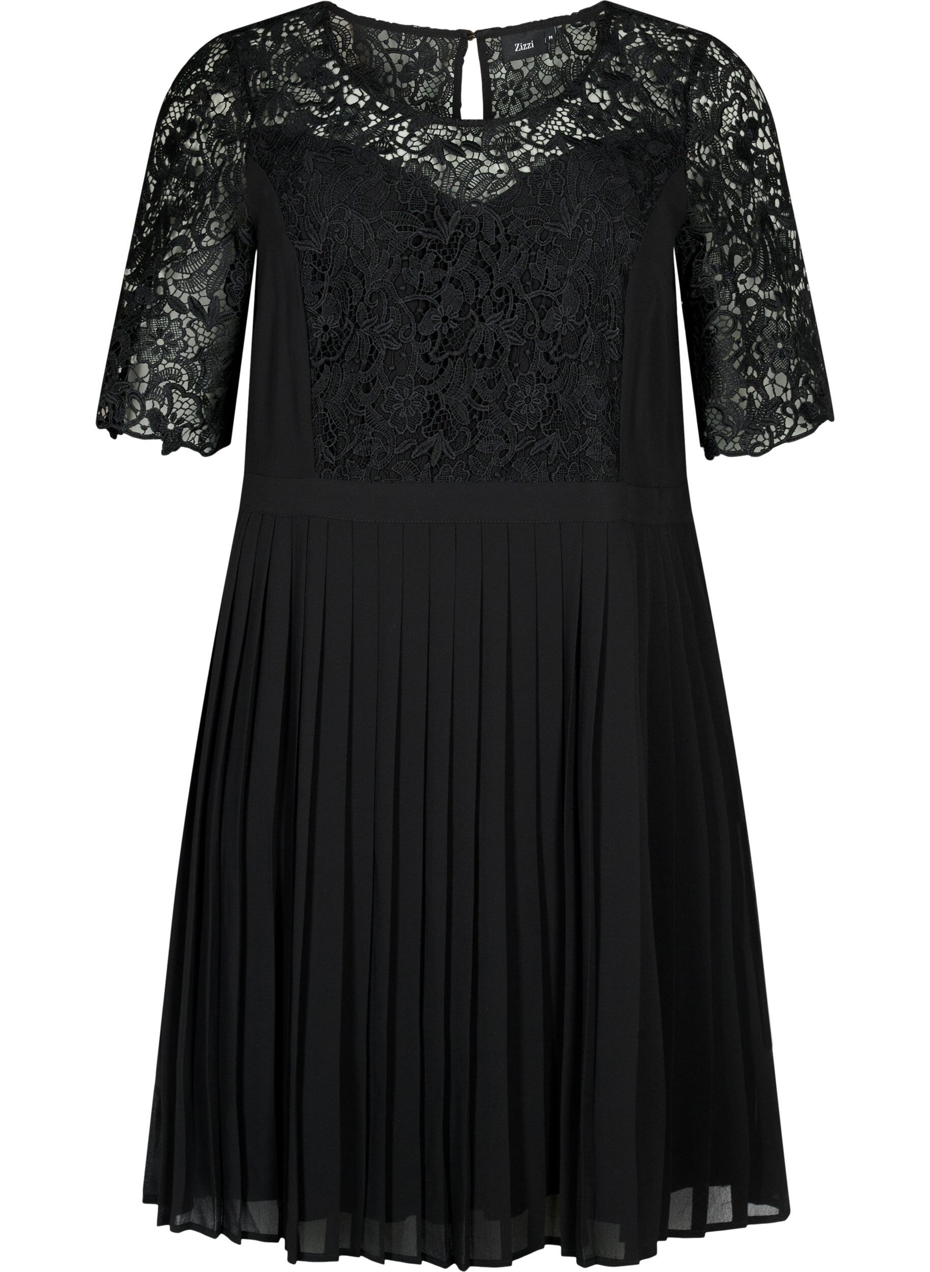 ZizziKurz&auml;rmeliges Kleid mit Spitzenoberteil, Black, Packshot image number 0
