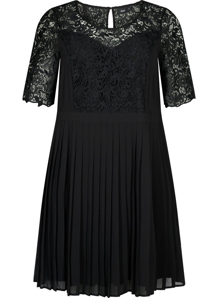 Kurzärmeliges Kleid mit Spitzenoberteil, Black, Packshot image number 0