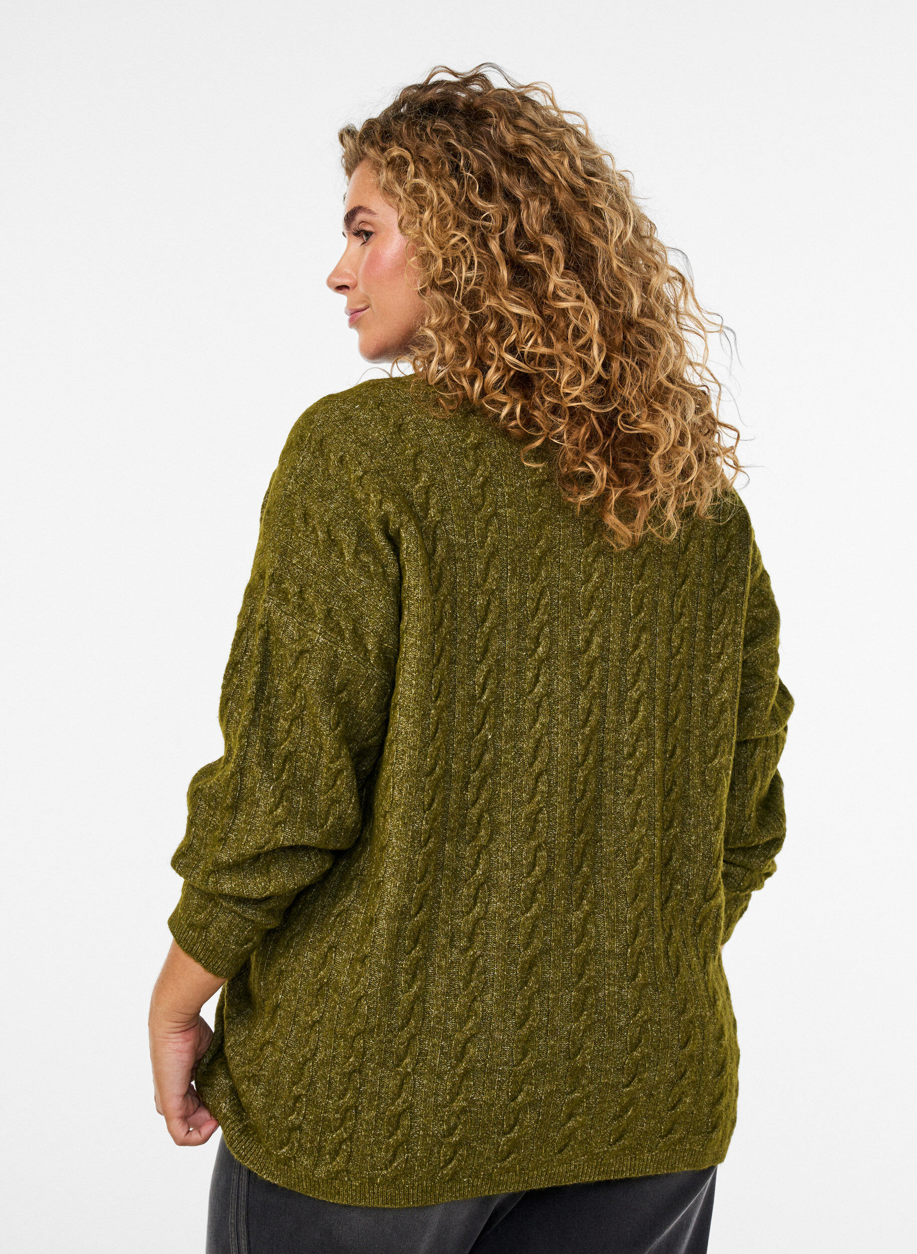 ZizziBluse aus Strick mit Zopfmuster und V-Ausschnitt, Gr&uuml;n, Model image number 2