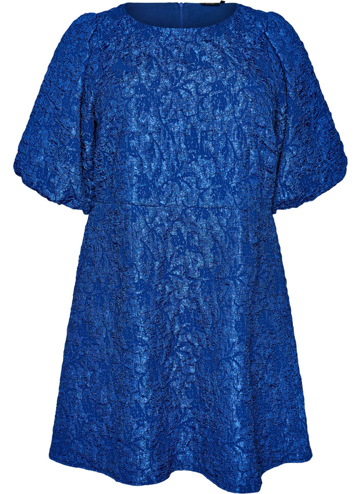 Kleid aus Jacquard mit Puff&auml;rmeln und A-Linie, Blau, Packshot image number 0