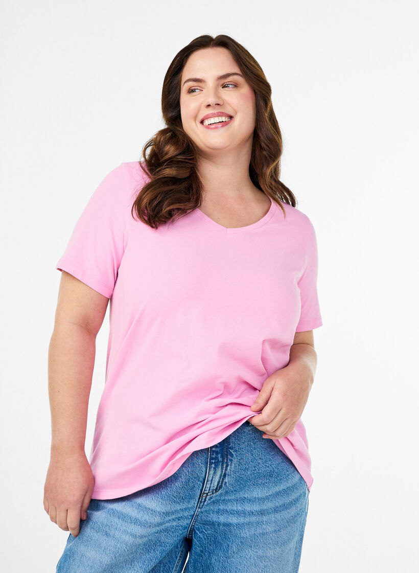 Einfarbiges Basic T-Shirt aus Baumwolle, Pink, Model image number 0