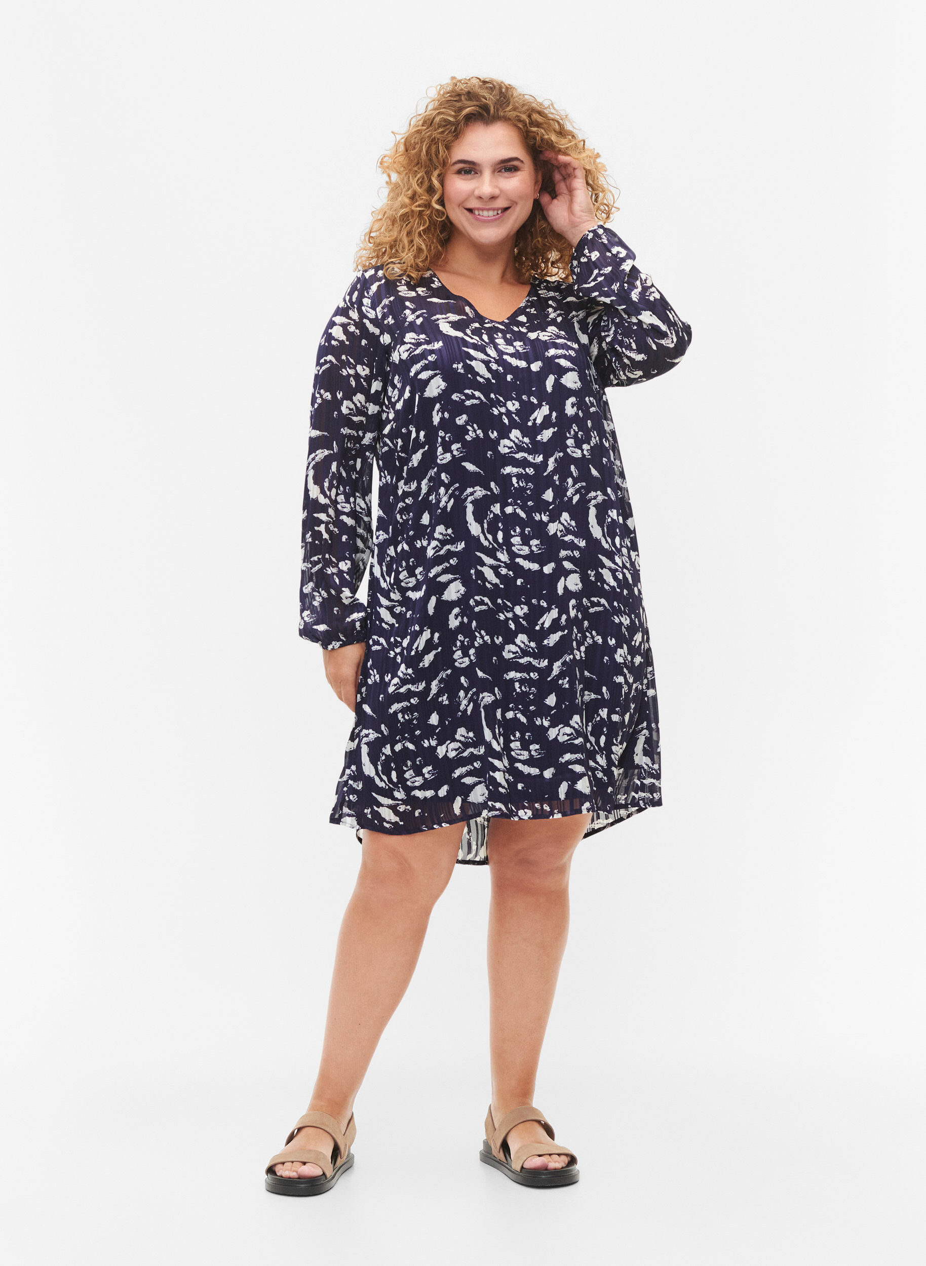 ZizziLang&auml;rmliges Kleid mit V-Ausschnitt und Druck, Blue Leaf AOP, Model image number 2