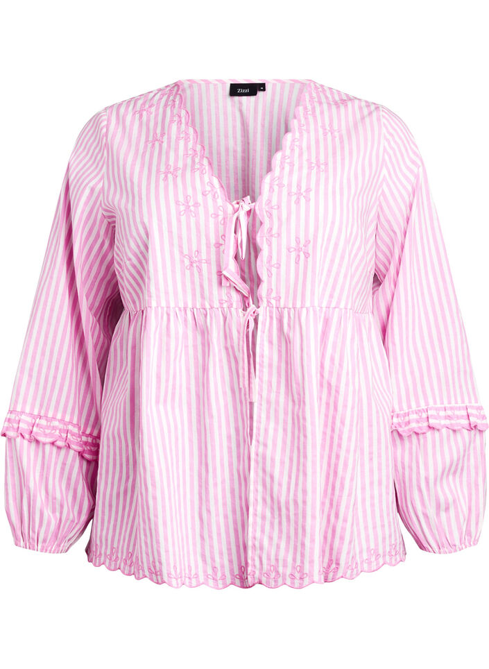 Gestreifte Bluse mit offener Vorderseite und Stickereien, Pink, Packshot image number 0