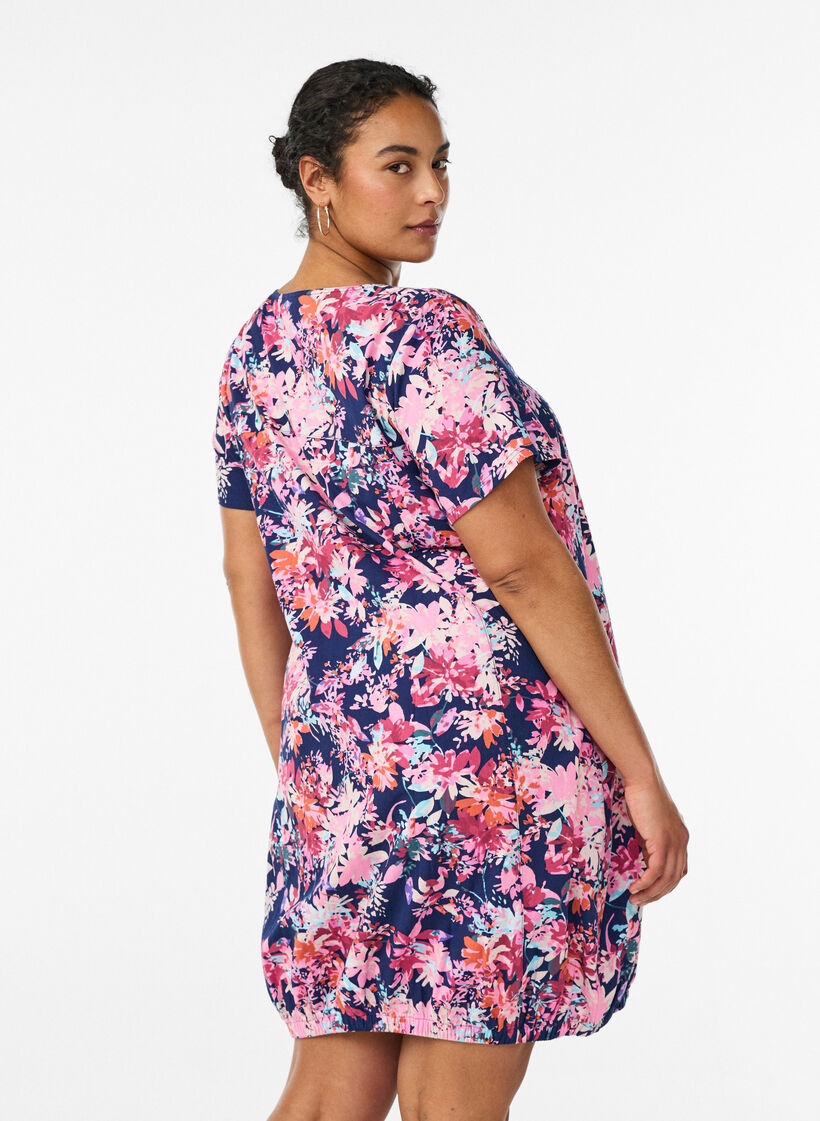Kurz&auml;rmliges Baumwollkleid mit Aufdruck, Blau, Model image number 2