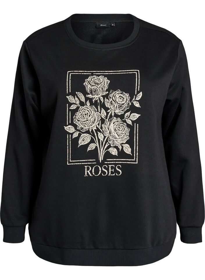 Sweatshirt mit Rosenprint und Strasssteinen, Schwarz, Packshot image number 0
