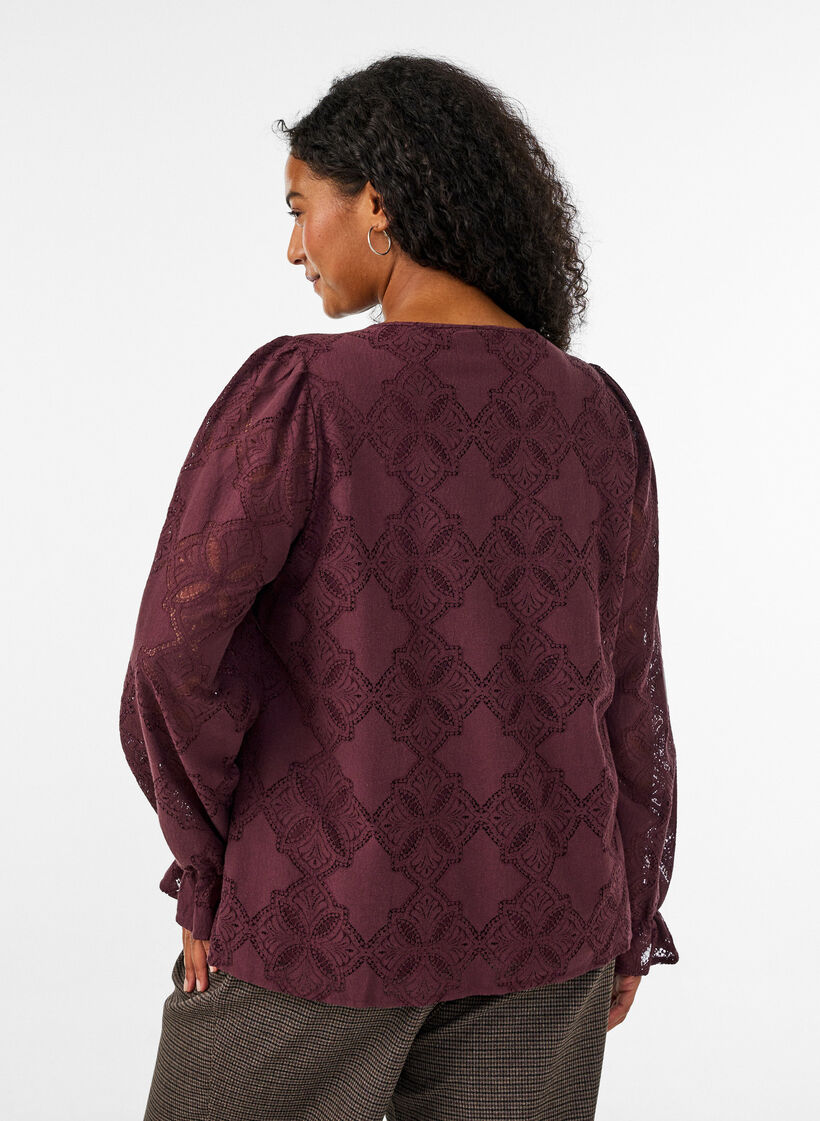 Langarmbluse mit Spitzenmuster, Dunkles Bordeaux, Model image number 2