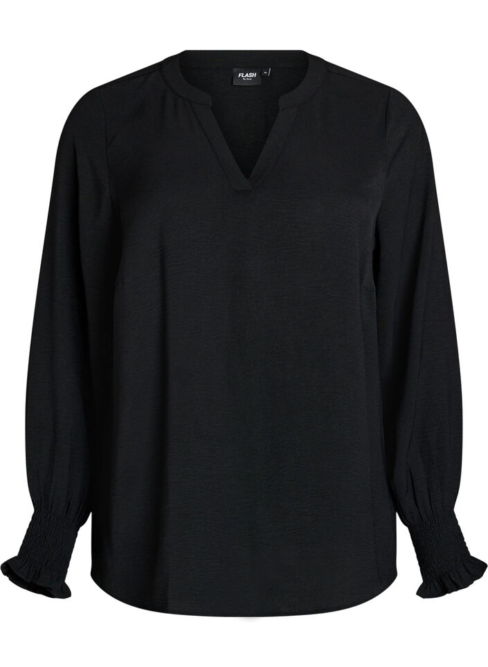 Bluse mit Smockb&uuml;ndchen und V-Ausschnitt, Schwarz, Packshot image number 0