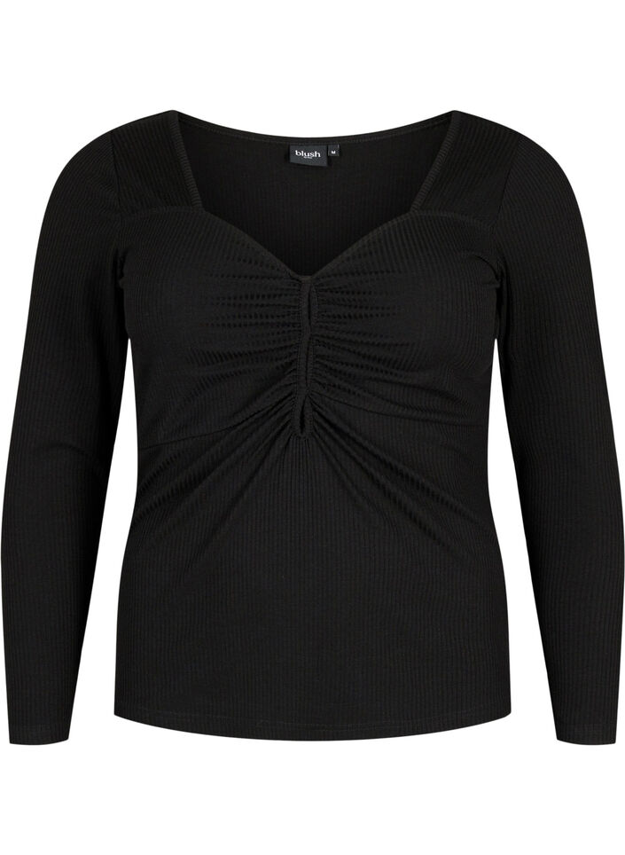 Gerippte Bluse mit Loch-Detail, Black, Packshot image number 0
