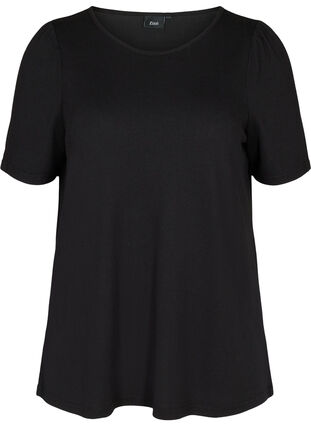 Bluse mit kurzen Puffärmeln und Melange-Effekt, Black, Packshot image number 0