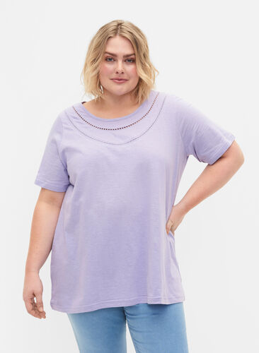 T-Shirt aus Baumwolle mit Spitzenband, Lavender, Model image number 0