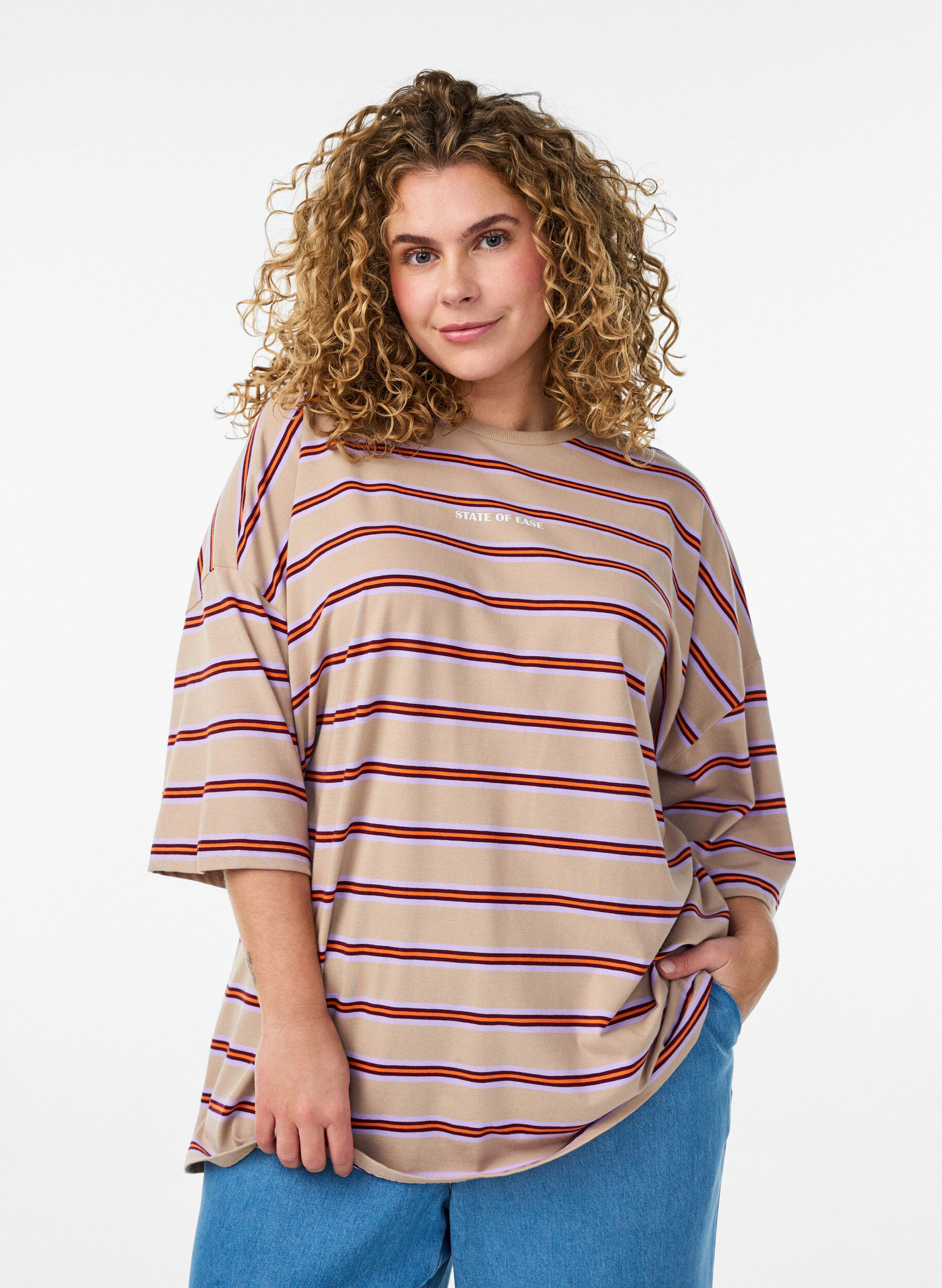 Oversize-T-Shirt mit Streifen und 1/2-&Auml;rmeln, Beige, Model