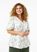 Gebl&uuml;mte Satin-Bluse mit Puff&auml;rmeln, Off White Blue Fl., Model image number 0