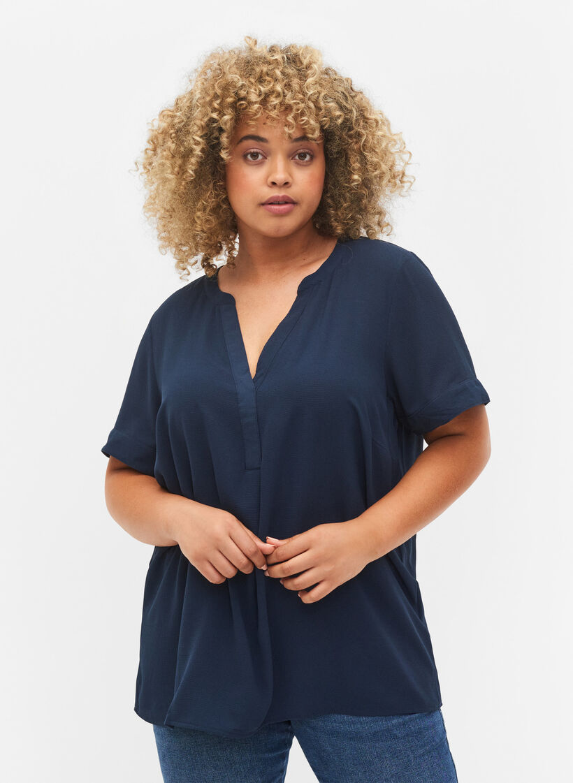 Kurzärmelige Bluse mit V-Ausschnitt, Blau, Model image number 0