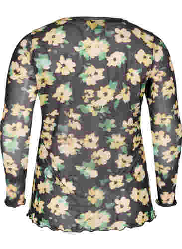 Enganliegende Mesh-Bluse mit Blumenmuster, Yellow Green AOP, Packshot image number 1