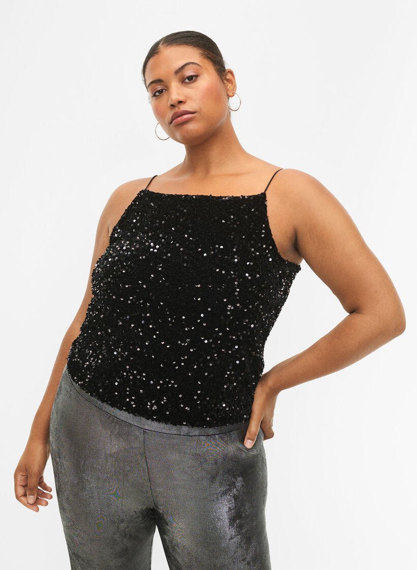 Top mit Pailletten und schmalen Trägern, Black Sequins, Model image number 0