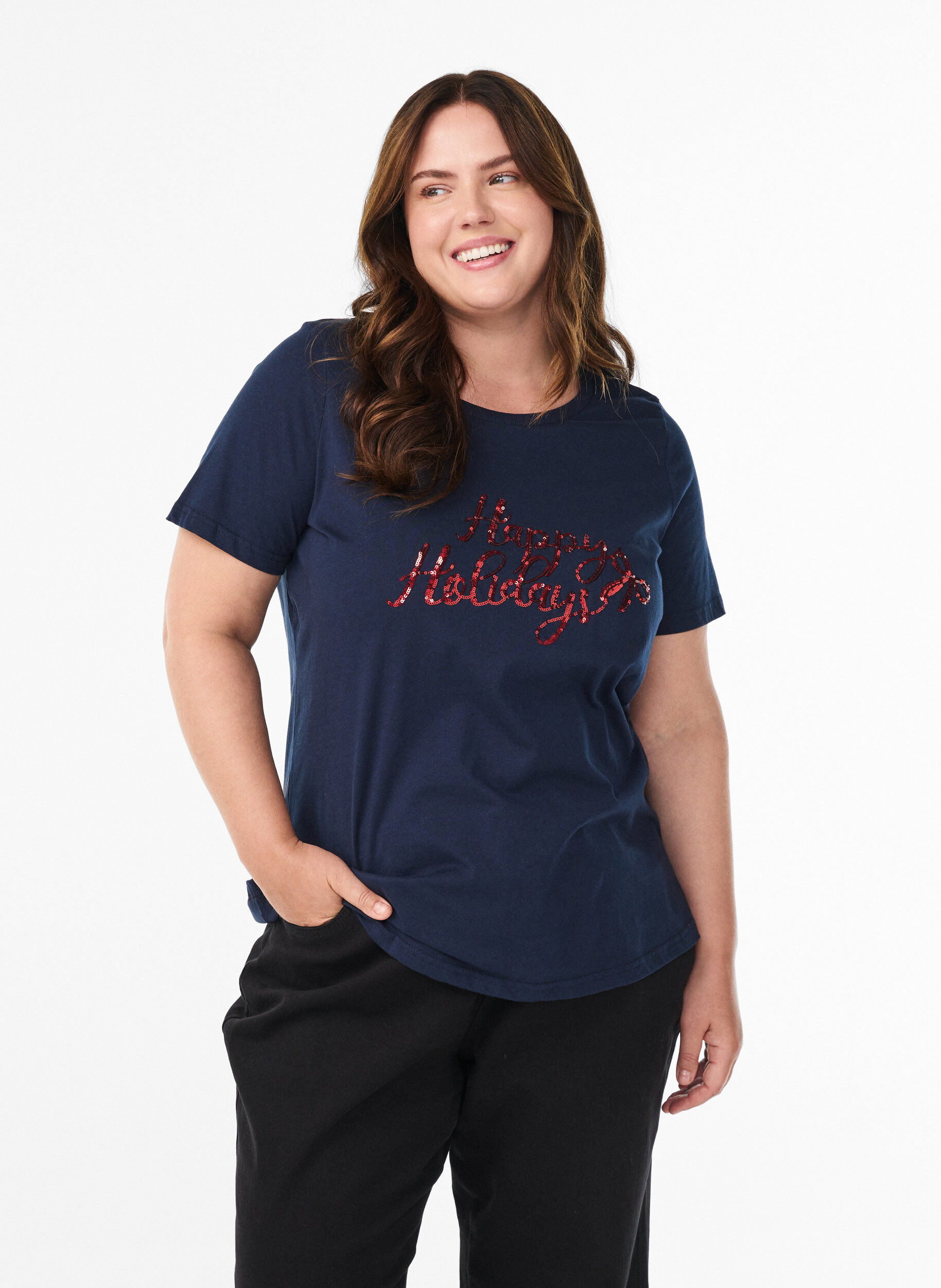 Weihnachts-T-Shirt aus Bio-Baumwolle, Blau, Model