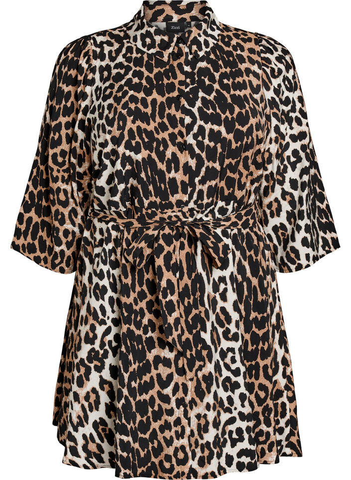 Gemusterte Tunika mit Bindeg&uuml;rtel und 3/4-&Auml;rmeln, Braun, Packshot image number 0