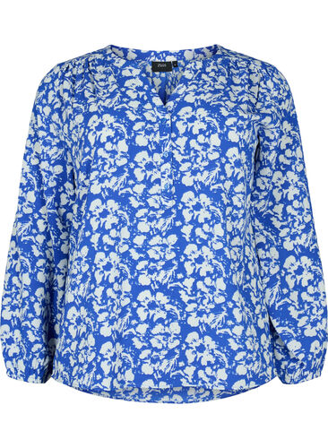 Langarm Bluse mit Blumen-Print und V-Ausschnitt, Blue White Flower, Packshot image number 0