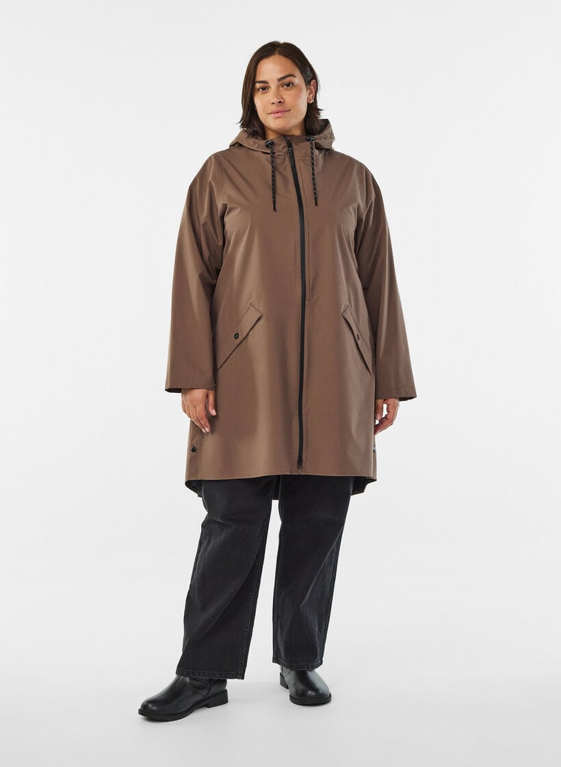 Regenjacke mit Taschen und Kapuze., Braun, Model image number 1