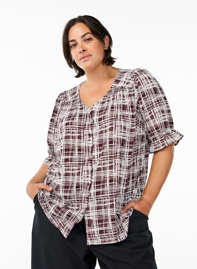 Bluse mit 1/2 Ärmeln, Dunkles Bordeaux, Model image number 0