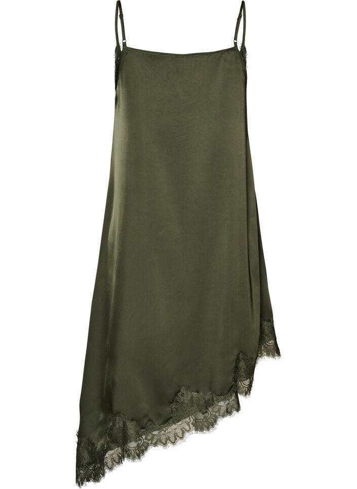 Kleid aus Satin mit Spitze und asymmetrischem Saum, Gr&uuml;n, Packshot image number 1