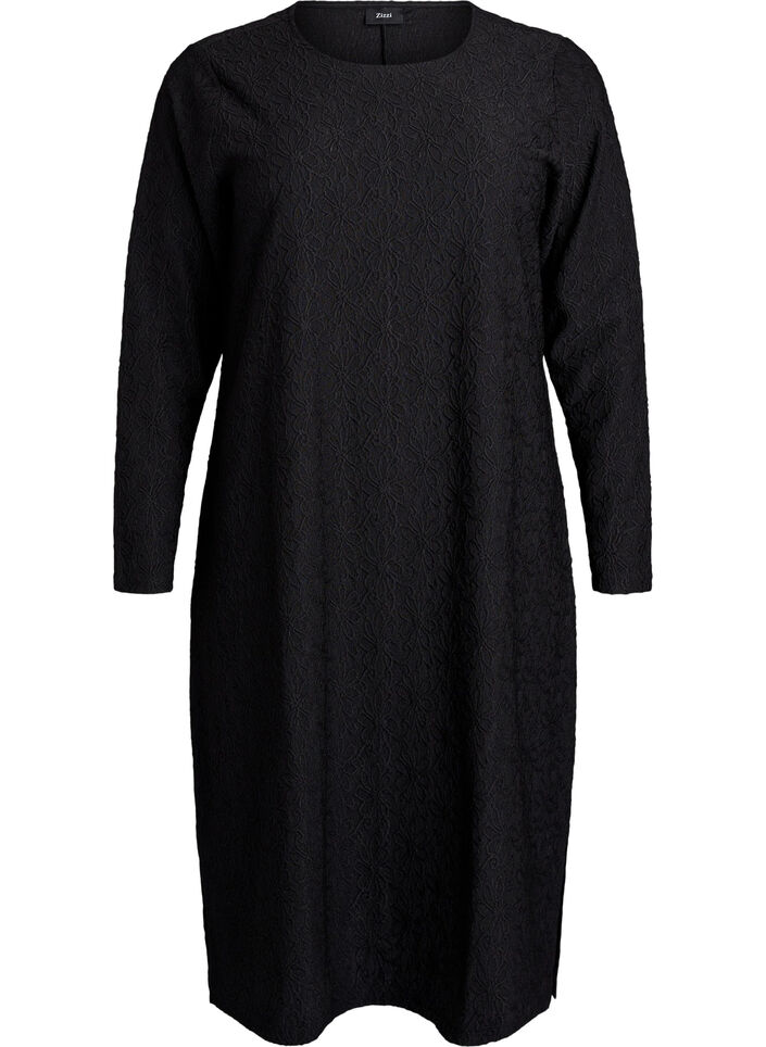 Geblümtes, strukturiertes Kleid mit langen Ärmeln, Schwarz, Packshot image number 0