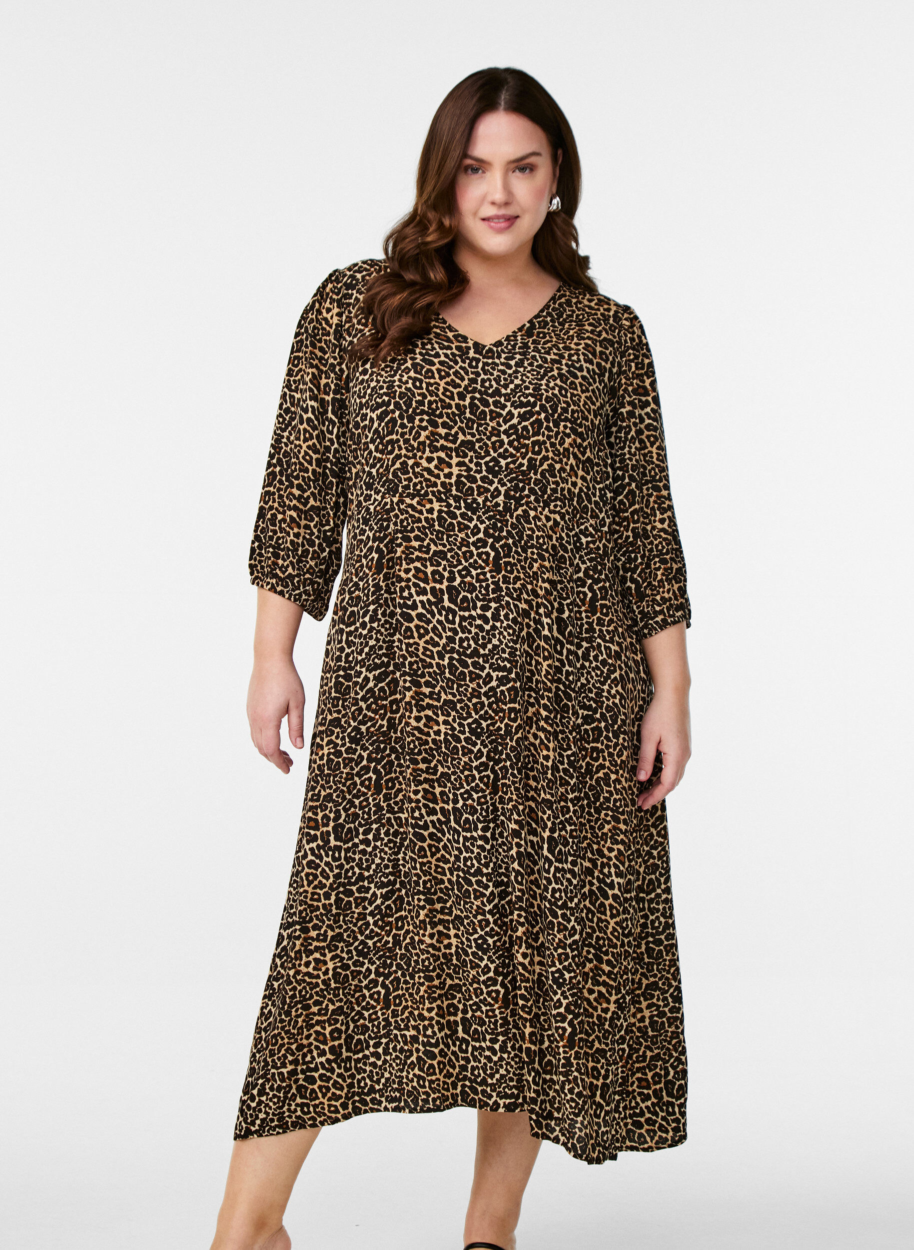 ZizziMidikleid mit Leopardenmuster und 3/4-&Auml;rmeln, Braun, Model image number 0
