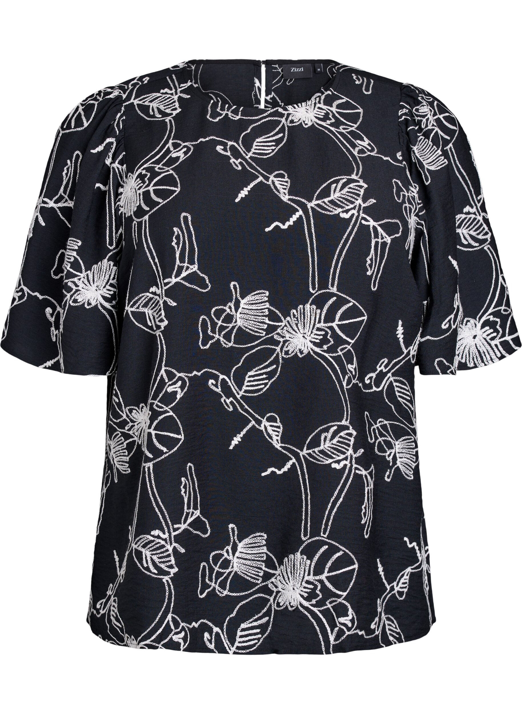 ZizziKurz&auml;rmelige Bluse mit Stickmuster, Schwarz, Packshot image number 0