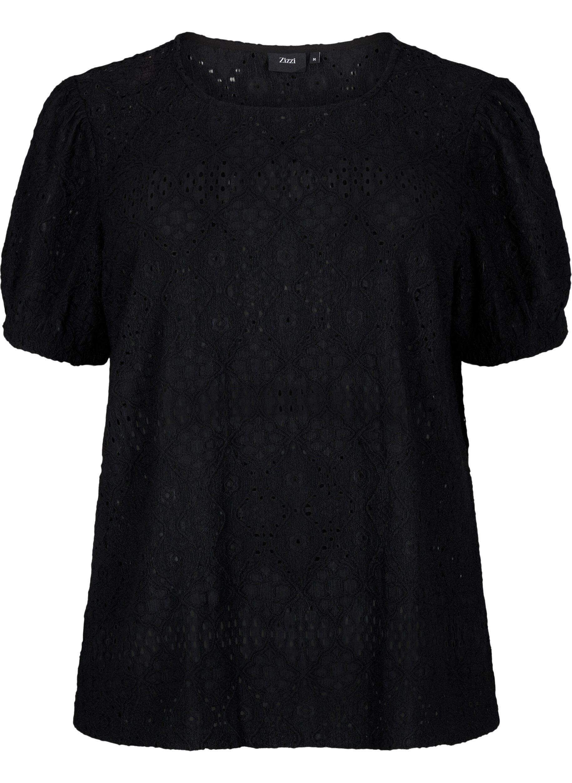 Zizzi Kurz&auml;rmelige Bluse mit Lochmuster, Black, Packshot image number 0