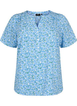 Bluse mit kurzen Ärmeln und V-Ausschnitt , Blue Small Flower, Packshot image number 0