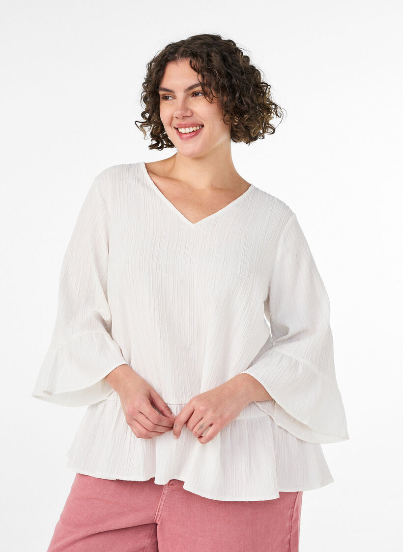 Bluse mit Struktur, V-Ausschnitt und R&uuml;schen, Vanille, Model image number 0