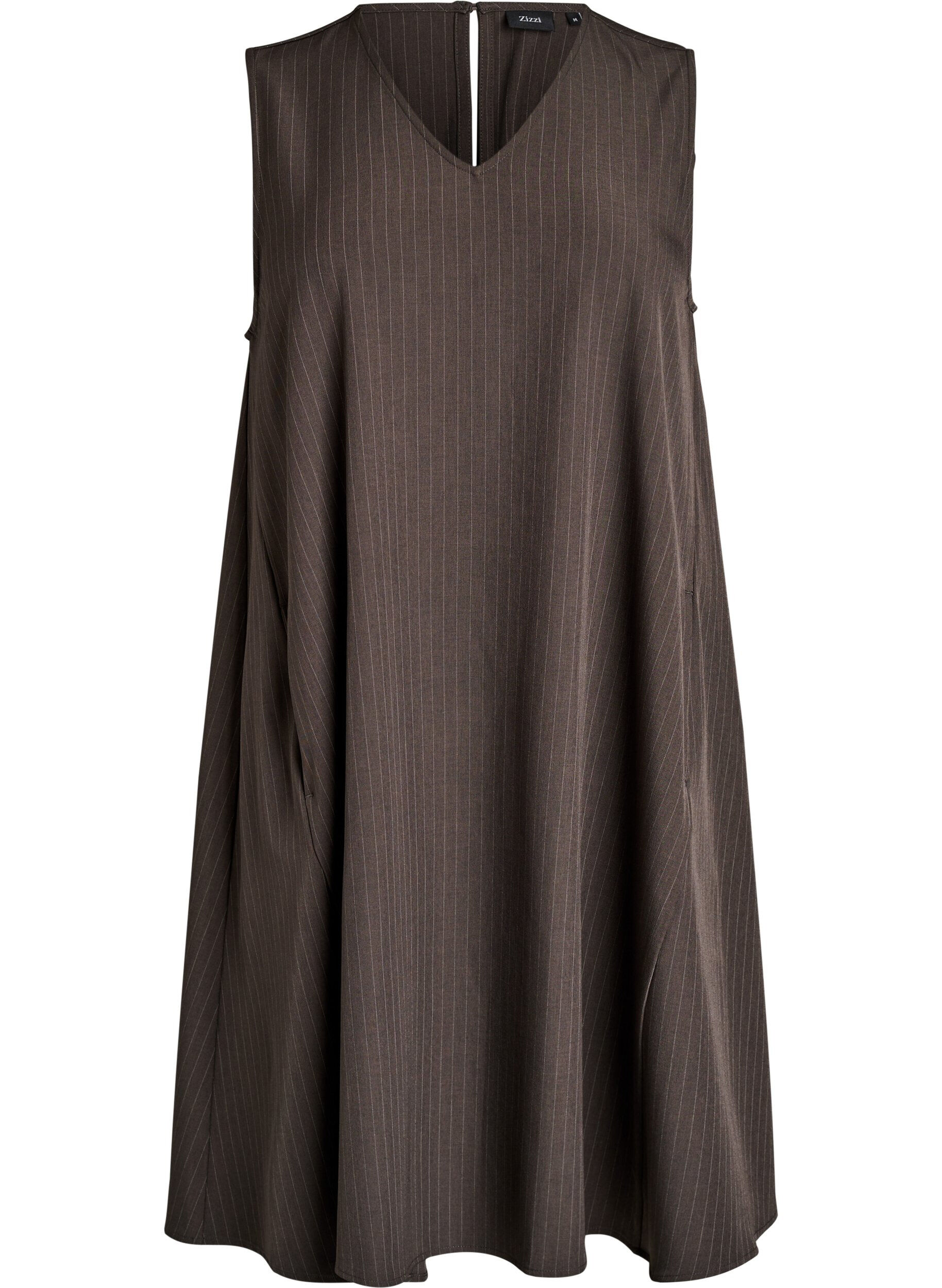 Zizzi&Auml;rmelloses A-Linien-Kleid mit Nadelstreifen, Braun, Packshot image number 0