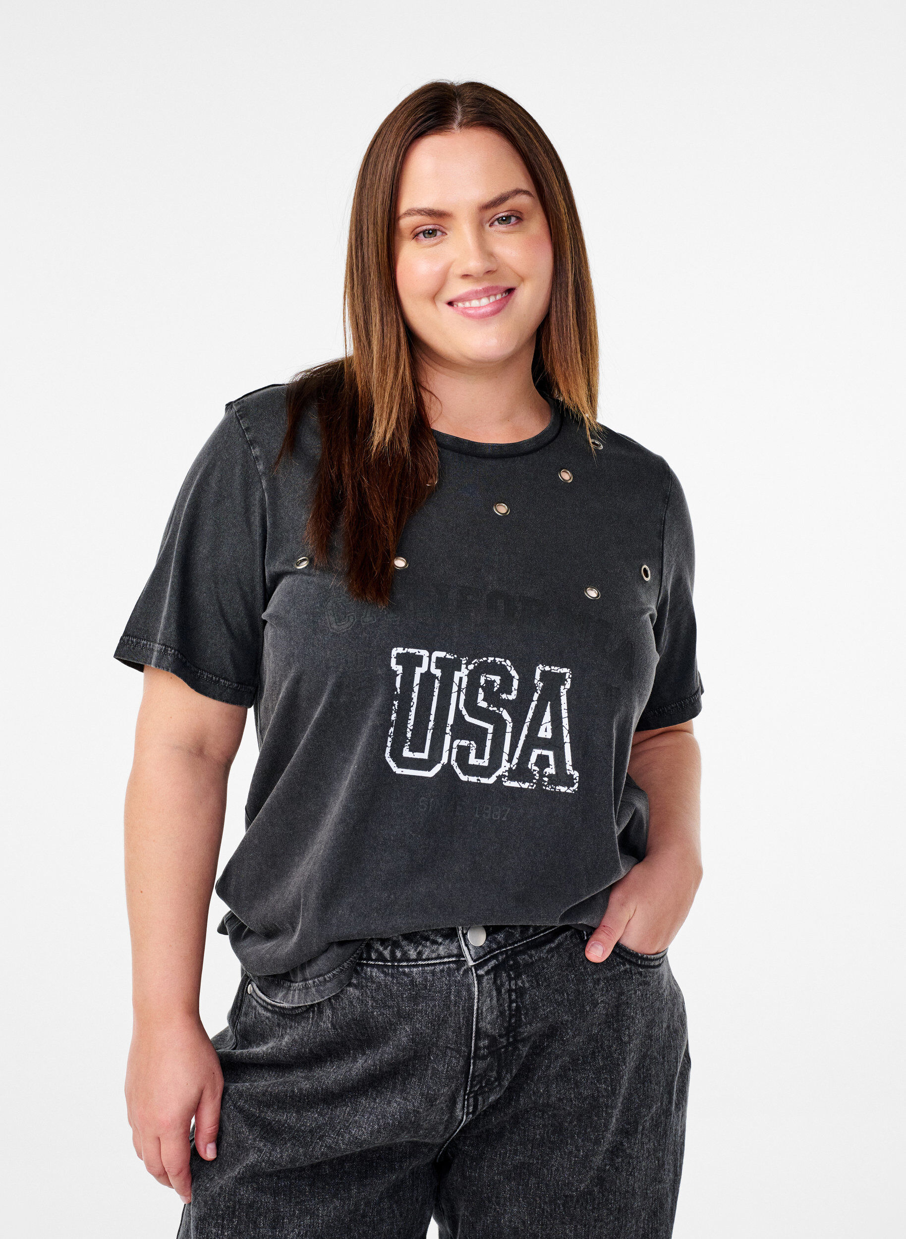 ZizziT-Shirt mit &Ouml;sen und Print, Grey Washed , Model image number 0