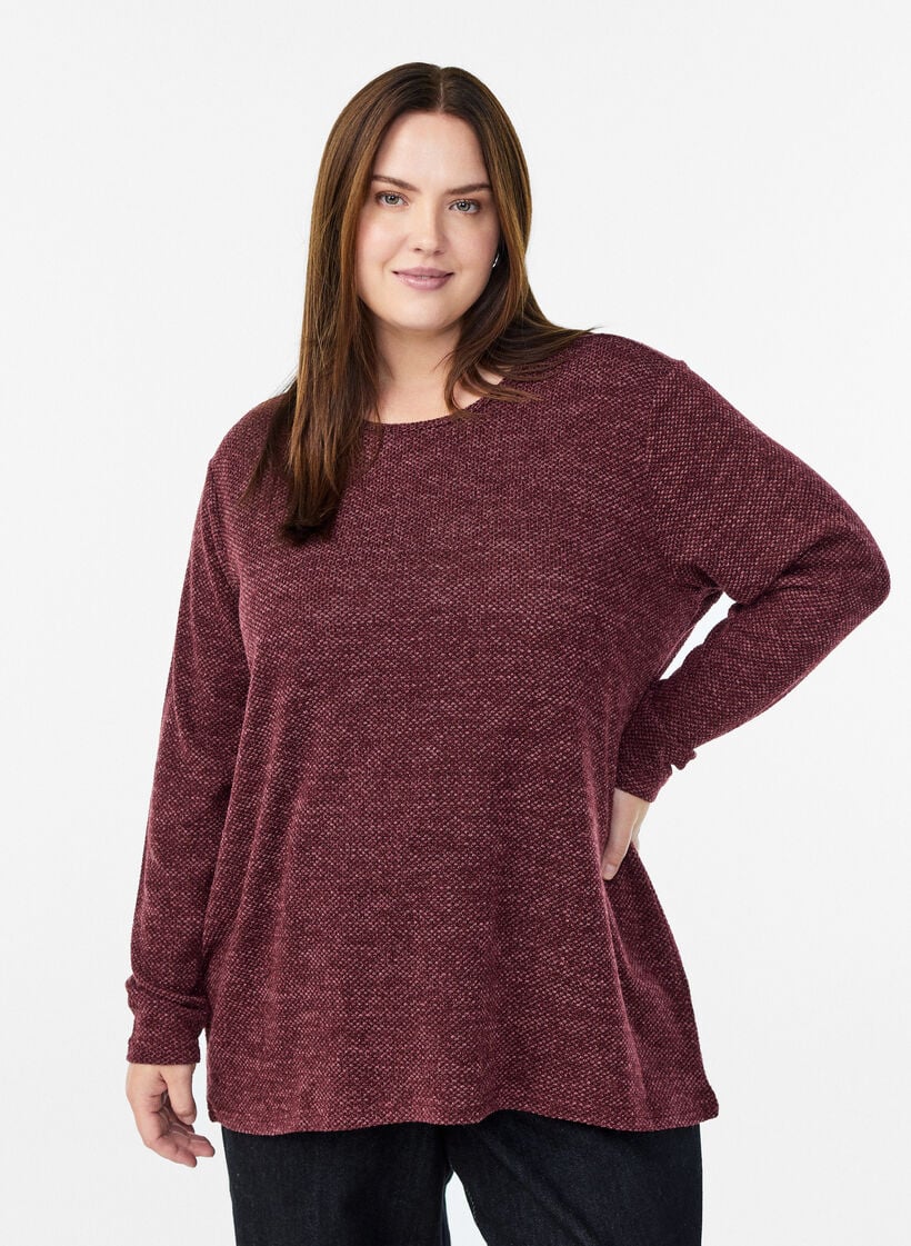 Lang&auml;rmelige Bluse mit Struktur, Dunkles Bordeaux, Model image number 0