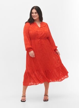 Langärmliges Midi-Kleid im Jacquard-Look, Orange.com, Model image number 0