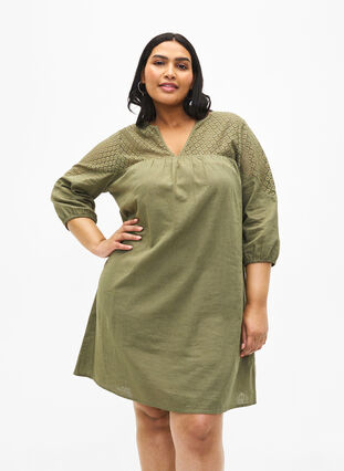 Kleid aus einer Baumwollmischung mit Leinen und Häkeldetails, Deep Lichen Green, Model image number 0