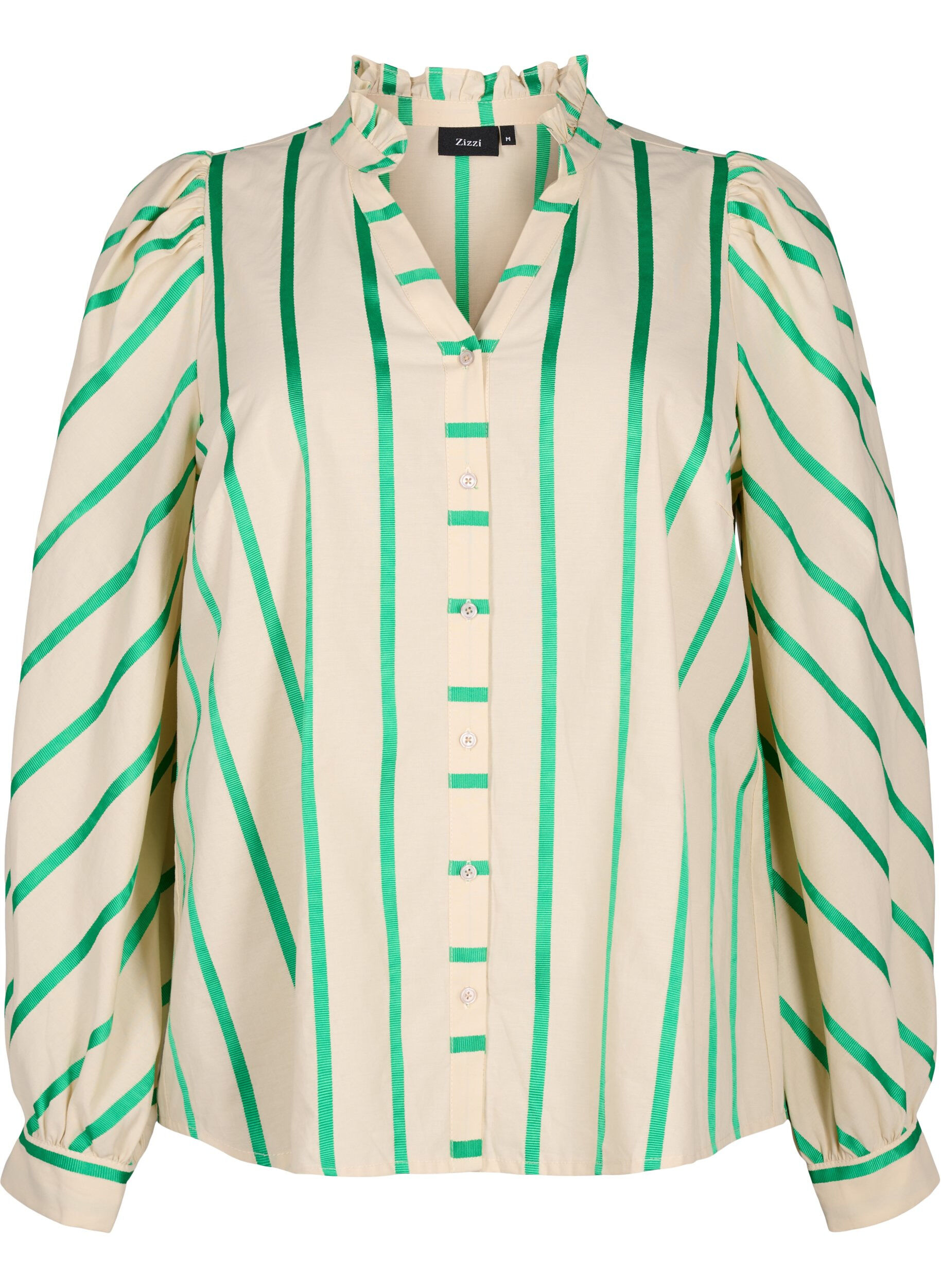 ZizziGestreifte Hemdbluse aus Baumwolle mit R&uuml;schenkragen, Beige Green Stripe, Packshot image number 0