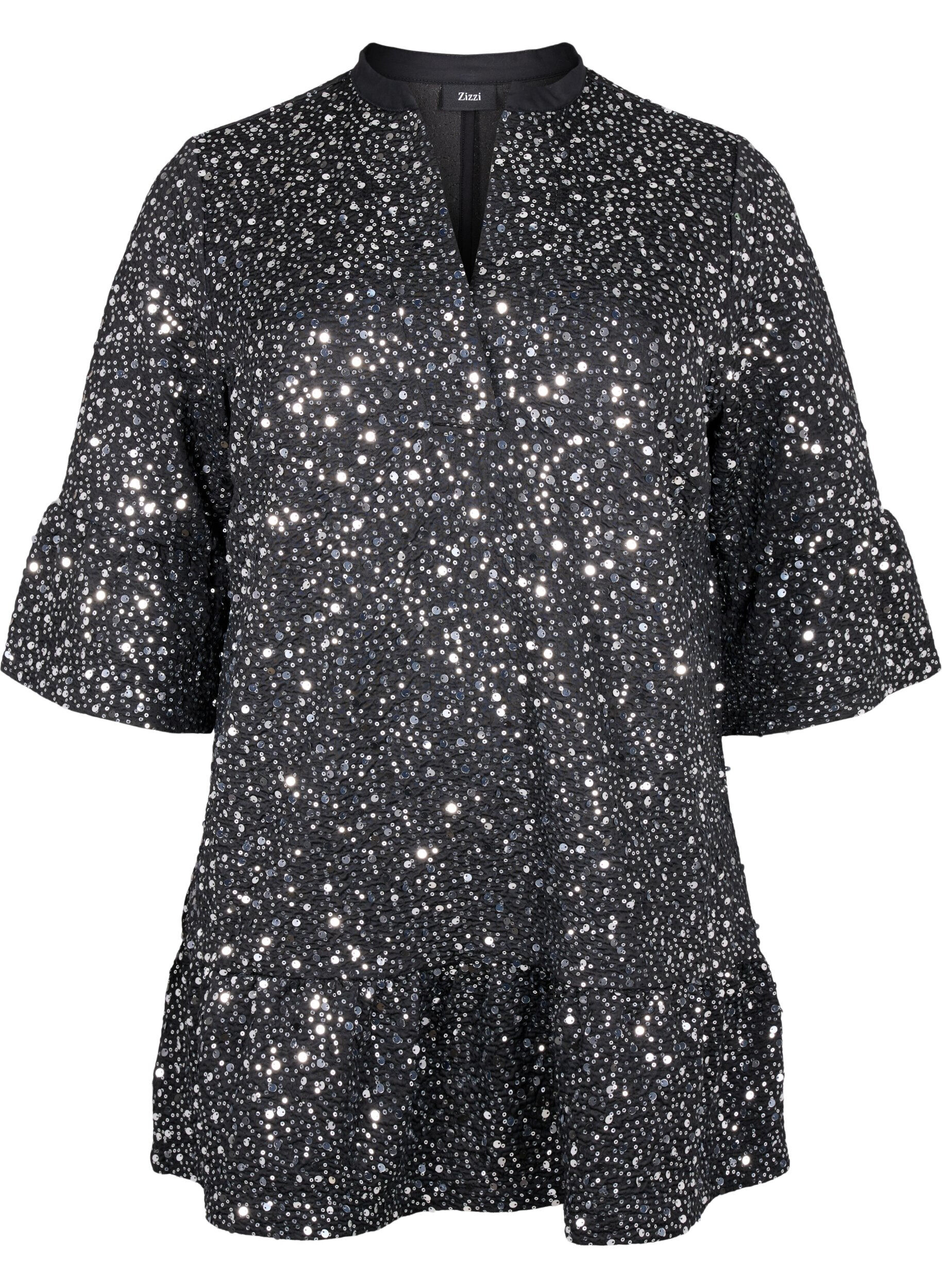 ZizziPaillettenkleid mit V-Ausschnitt und 3/4-&Auml;rmeln, Black w. Sequins, Packshot image number 0
