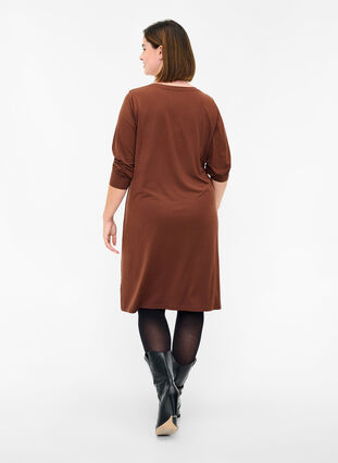 Einfarbiges Kleid mit V-Ausschnitt und langen Ärmeln, Rocky Road, Model image number 1