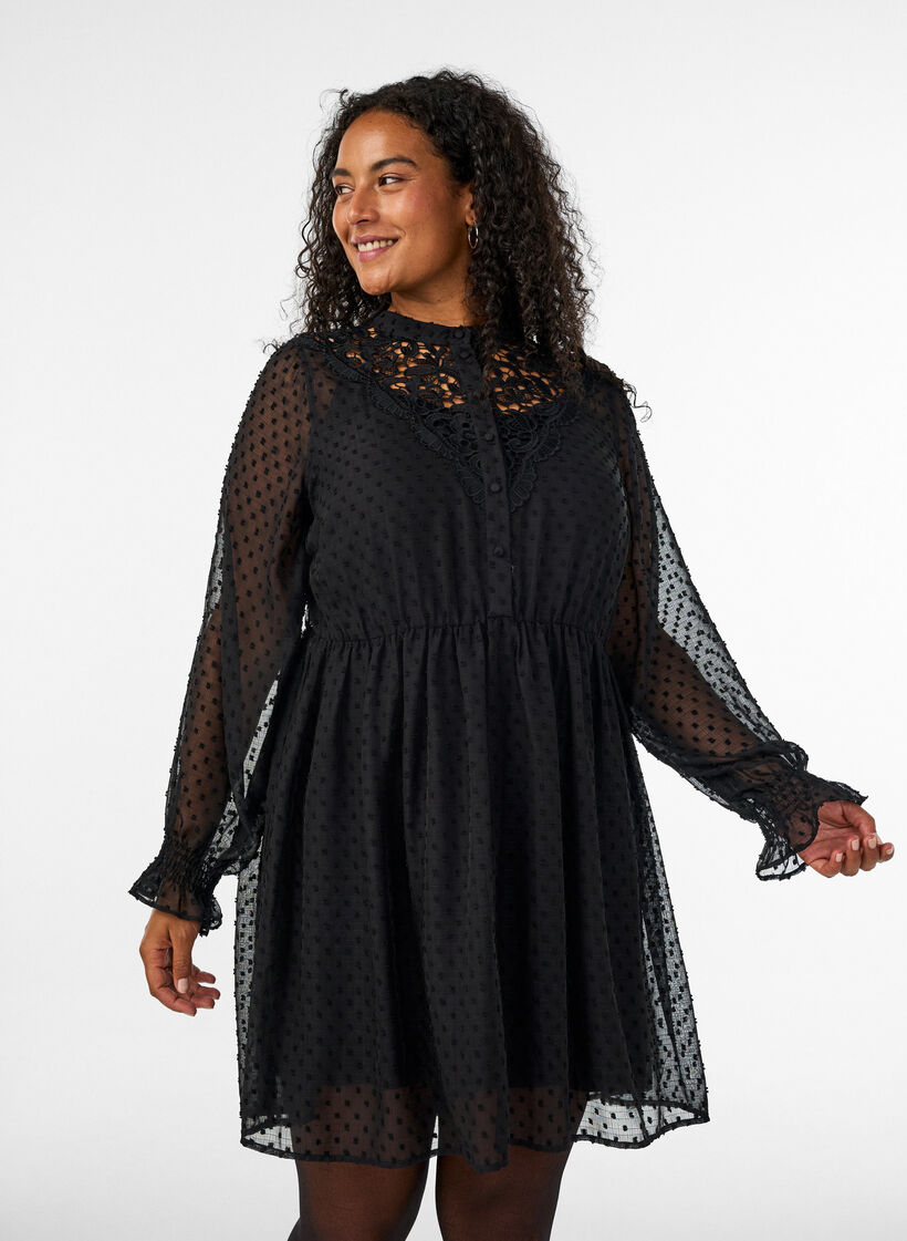 Kleid aus Chiffon mit Guipure-Spitze und Empire-Linie, Schwarz, Model image number 0