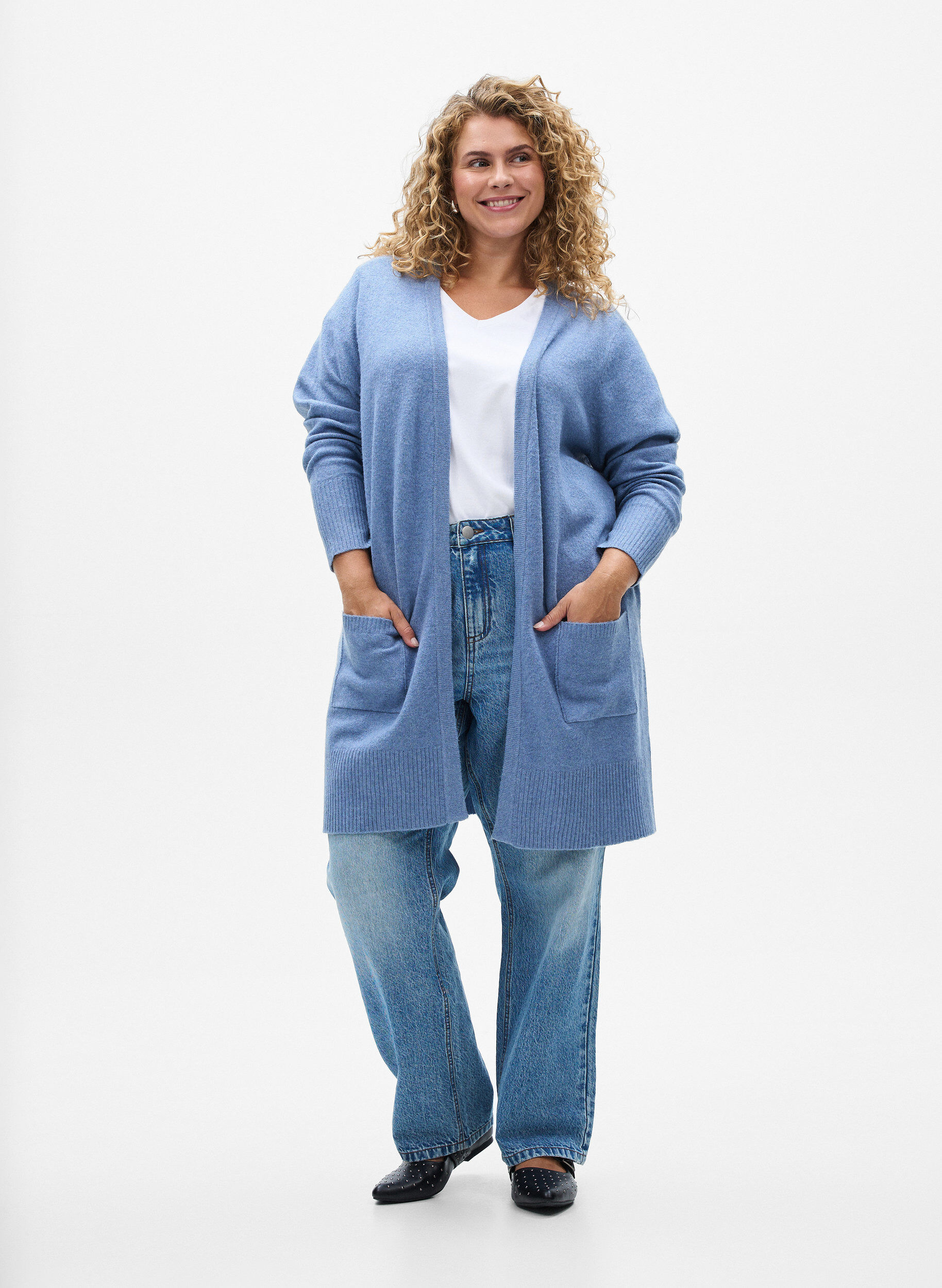 ZizziStrickjacke mit Rippenstrick und Taschen, Blau, Model image number 1